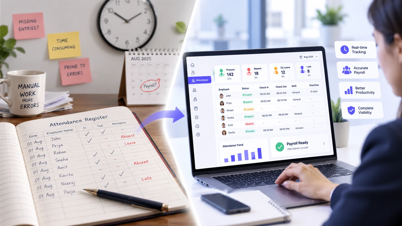 Paper attendance register alongside a digital attendance software dashboard
