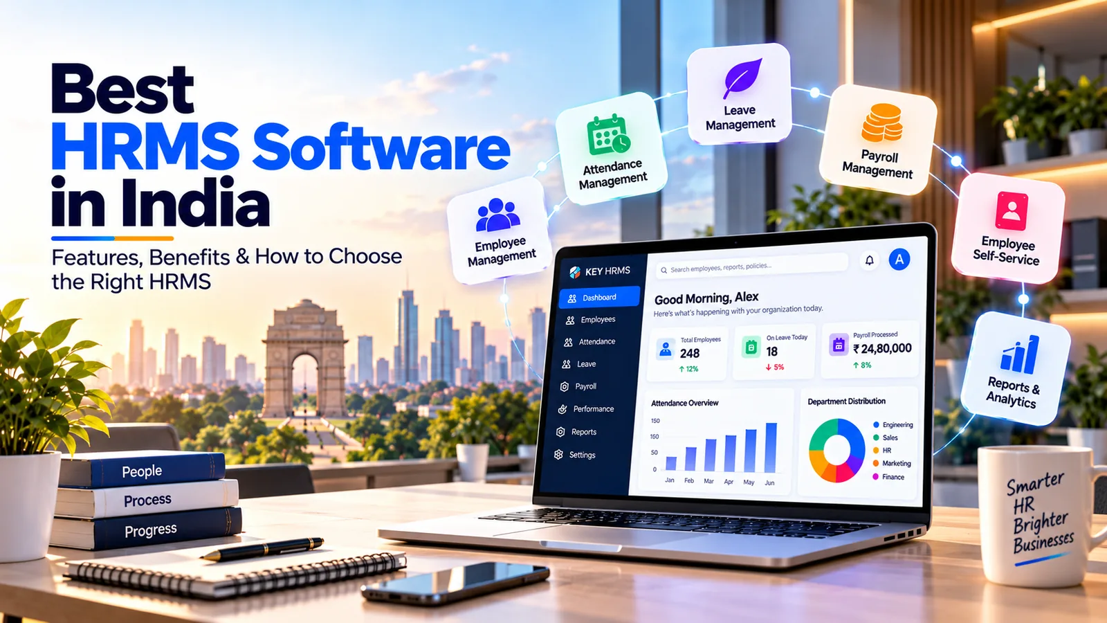 KEY HRMS dashboard on a laptop against an India Gate skyline, with modules for employee management, attendance, leave, payroll, self-service and analytics