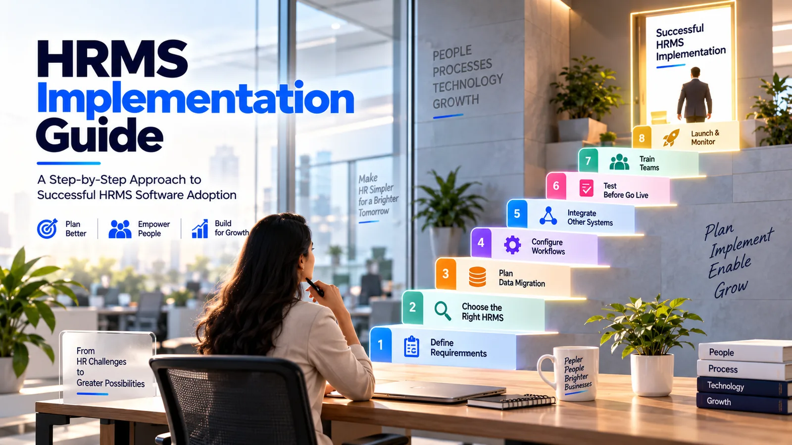HR leader reviewing an eight-step HRMS implementation roadmap, from defining requirements through data migration and testing to launch and monitoring