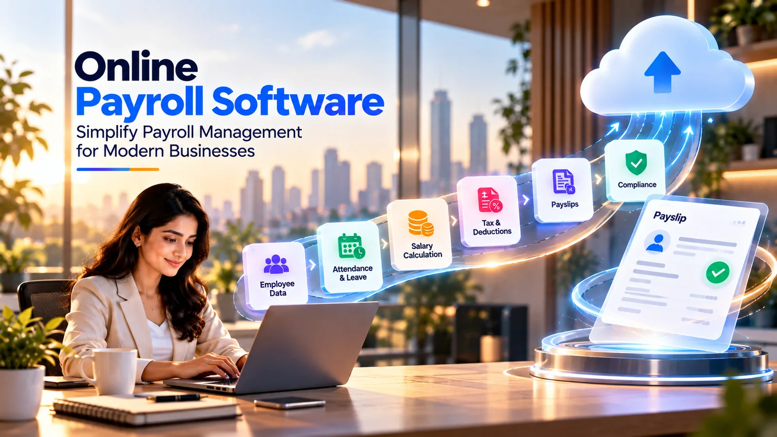 HR professional running cloud payroll on a laptop, with the payroll flow moving to the cloud and a digital payslip generated