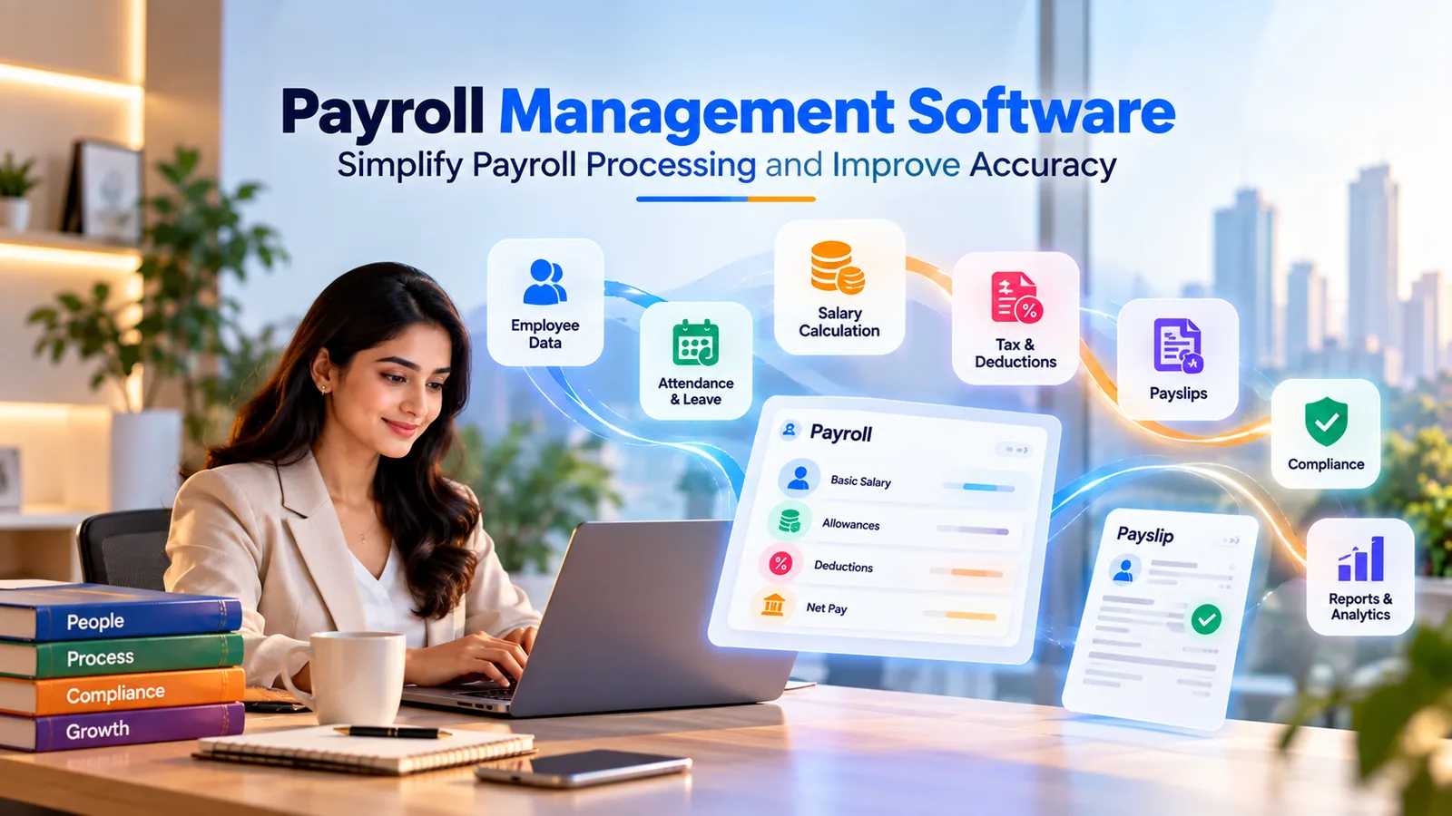 HR professional processing payroll on a laptop, with employee data, attendance and leave, salary calculation, tax and deductions, payslips, compliance and reports