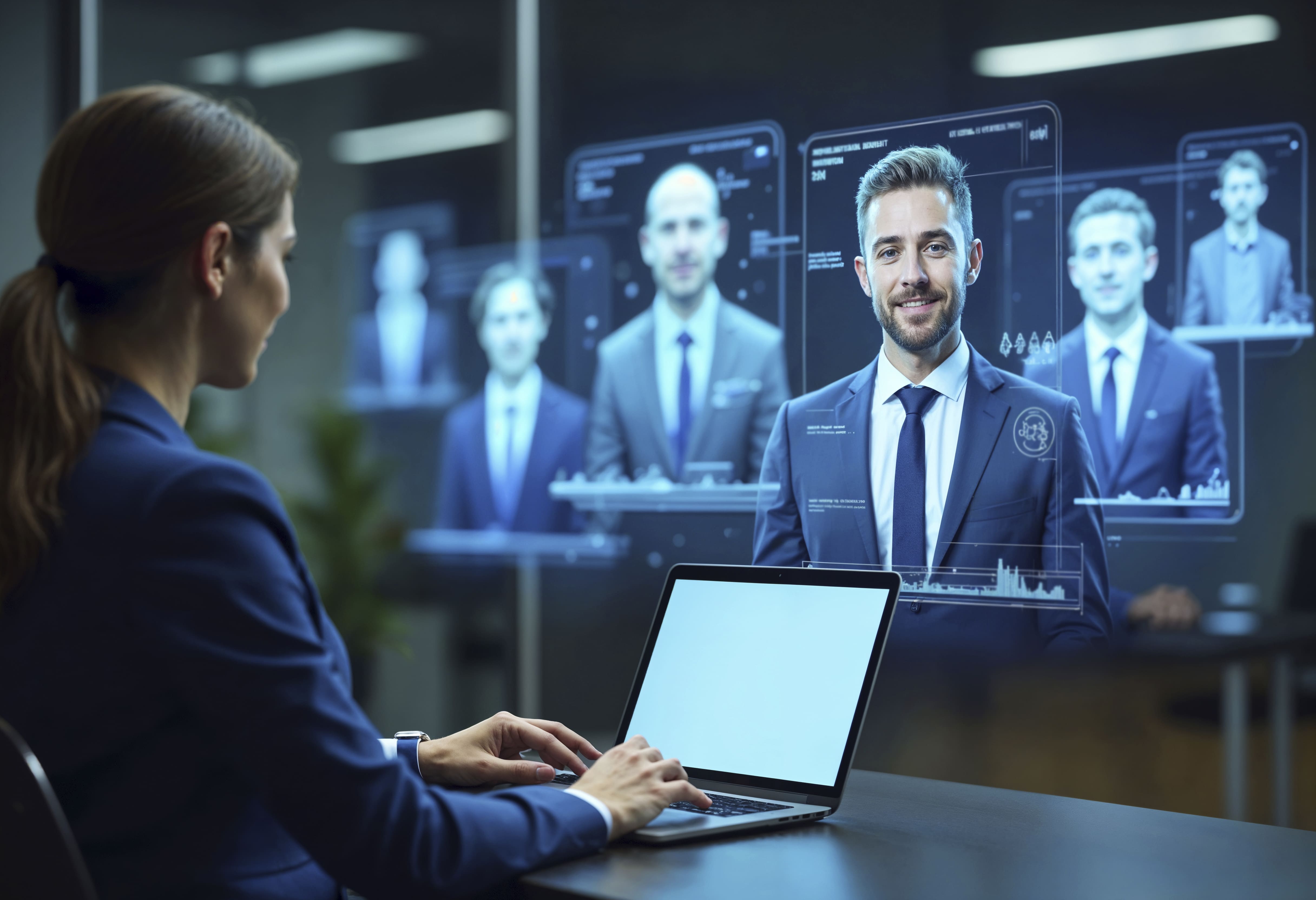HR leader using futuristic employee management and workforce automation dashboards