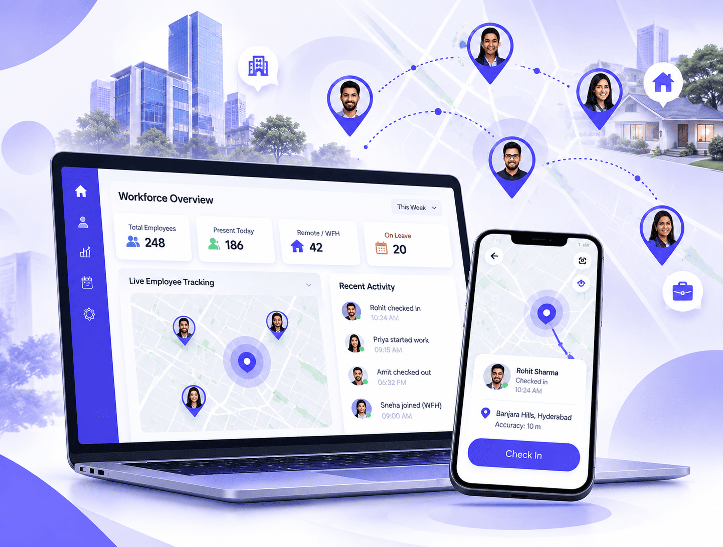 Workforce overview dashboard with live employee location tracking and mobile check-in